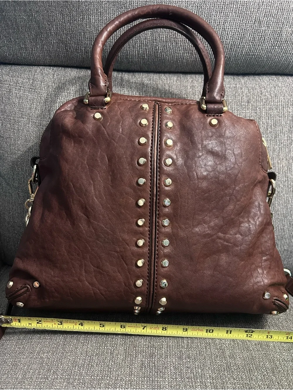 Michael Kors Brown Studded Leather Satchel with leather & chain crossbody strap